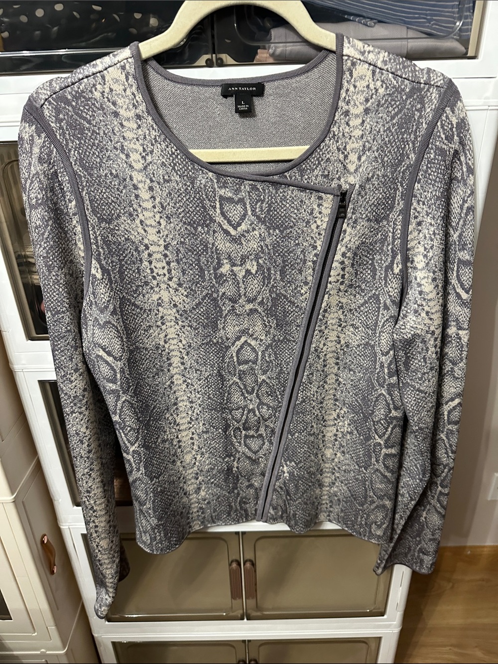 Ann Taylor Grey and Cream Snake-Print Zip Front Jacket